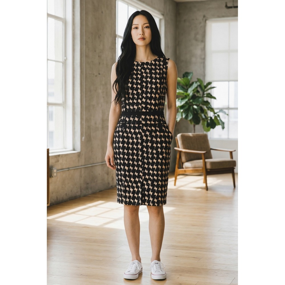 Jones New York Dress Women 8 Black Cream Abstract Sheath Sleeveless Career Dress